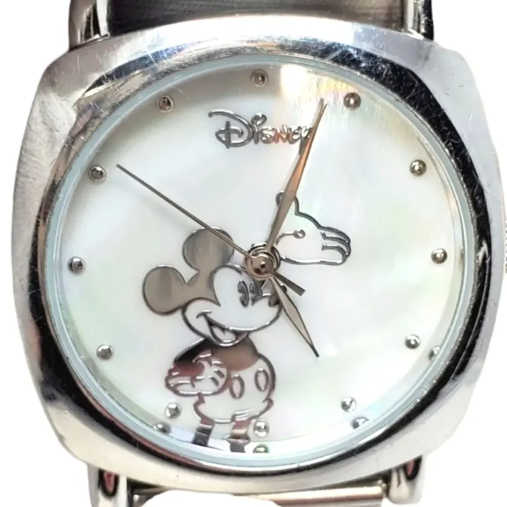 Disney Mickey Mouse Chain Mail Watch Mother of Pearl Face